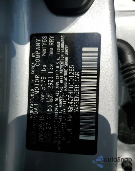 2015 Hyundai Genesis 3.8L from USA, damaged, VIN KMHGN4JE4FU101265